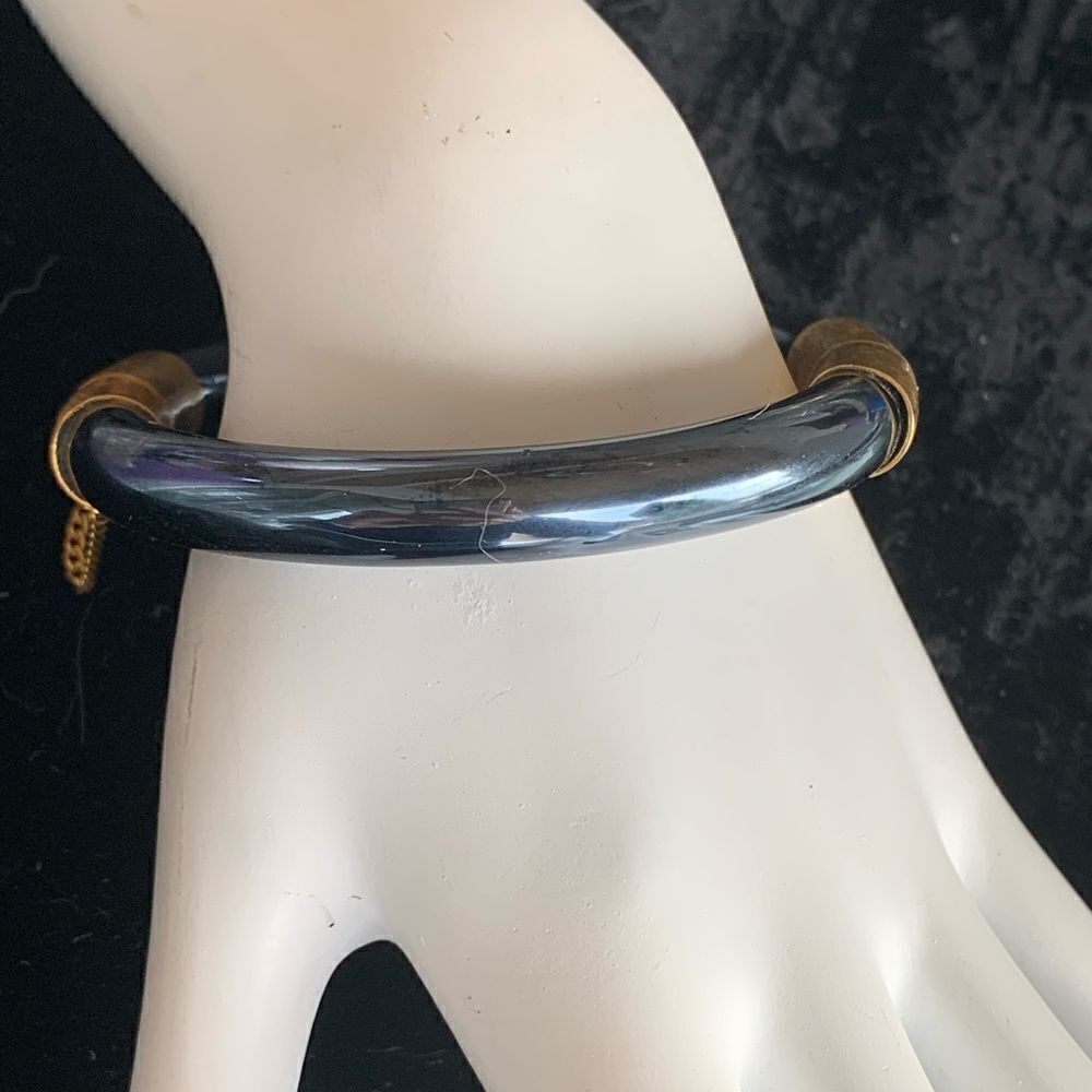 Vintage hematite bangle bracelet with gold clasp and chain